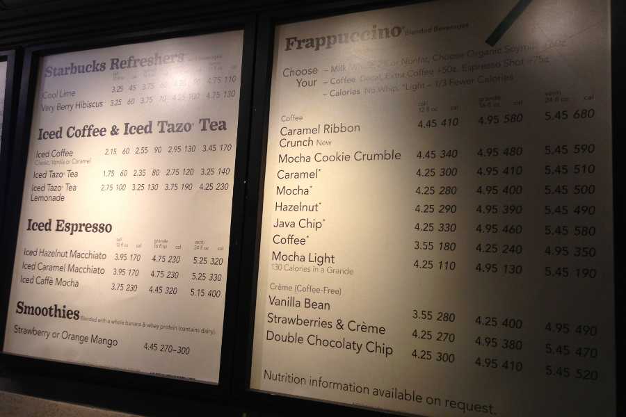In this June 17, 2013 photo, a menu board showing calorie counts hangs at a Starbucks in New York. More than half of Americans say they feel like they already have enough information at restaurants to decide whether they are making a healthy purchase. But they want even more. According to an Associated Press-GfK poll conducted in December, the majority of Americans favor labeling calories on menus in fast food and sit down restaurants. Those polled said they care about counting calories, but they care even more about sugar and fat.