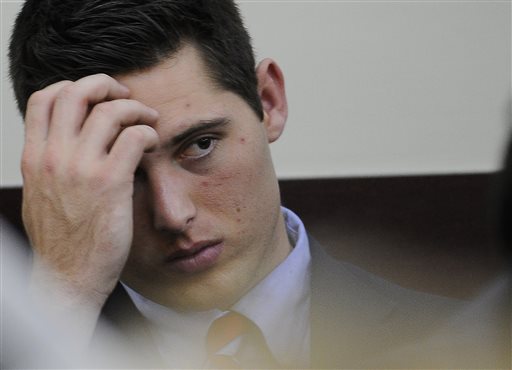 


Brandon Vandenburg looks at the jury as Judge Wilkins reads the charges during his trial on Tuesday, Jan. 27, 2015, in Nashville, Tenn. The jury deliberated for three hours before announcing that Vandenburg and Cory Batey were guilty of aggravated rape and aggravated sexual battery. 
