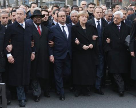 From the left : Israel's Prime Minister Benjamin Netanyahu, Mali's President Ibrahim Boubacar Keita, France's President Francois Hollande, Germany's Chancellor Angela Merkel, EU President Donald Tusk, and Palestinian President Mahmoud Abbas march during a rally in Paris, France on Sunday. A rally of defiance and sorrow, protected by an unparalleled level of security, on Sunday will honor the 17 victims of three days of bloodshed in Paris that left France on alert for more violence. 
