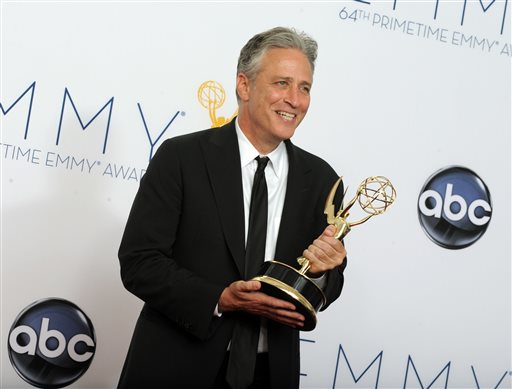 In this Sept. 23, 2012 file photo, Jon Stewart, winner Outstanding Varety Series for The Daily Show With Jon Stewart, poses backstage at the 64th Primetime Emmy Awards in Los Angeles. Comedy Central announced Tuesday, Feb. 10, 2015, that Stewart will will leave The Daily Show later this year.