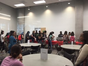 Students waiting in line for free lunch and discussion with HCC alumni about the universities they are attending now, including the University of Texas, University of Houston-Downtown and Texas Women’s University. 