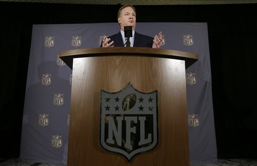 NFL Commissioner Roger Goodell speaks to reporters during the NFLs spring meetings in San Francisco, Wednesday, May 20, 2015. 