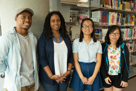 At HCC Central, the Student Government Association has partnered with the Student Library Advisory Council (SLAC) to open a textbook library checkout. From left to right is SLAC Vice President Elijah Foster, SLAC Adviser Erica Hubbard, Student Government Association Vice President Jessica Thuy Nguyen and SLAC Secretary Thao Nguyen. 