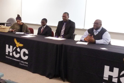 The Southwest Student Government Association officers  announced their HCC recreation center petition at the Sept. 30 General Assembly meeting. From left to right is Secretary Amma Akram, Vice President Ayo Shofoluwe, President Charles Tolden and Treasurer John Williams. 