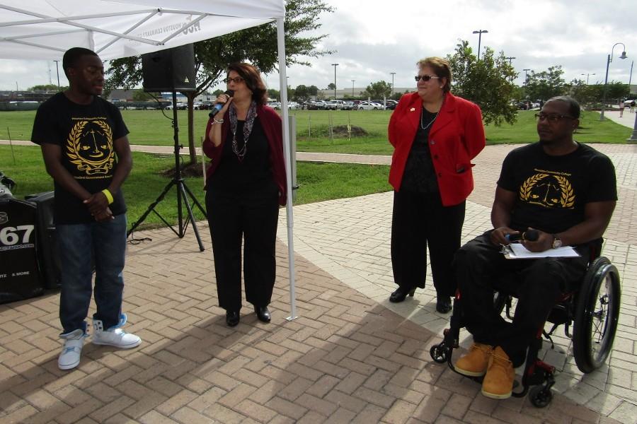 From left to right are Southwest Student Government Association Vice President Ayo Shofoluwe, HCC Board of Trustee Neeta Sane, Southwest Interim President Madeline Burillo and Southwest Student Government Association President Charles Tolden. Here, Sane addresses students at the People for Purpose Pep Rally after Burillo at the Stafford campus Nov. 11.