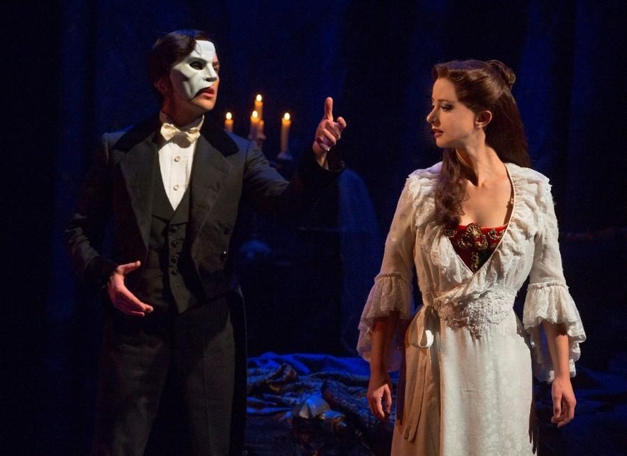 The Phantom, played by Chris Mann and Christine Daaé, played by Katie Travis, perform in Broadway Across Americas The Phantom of the Opera. 