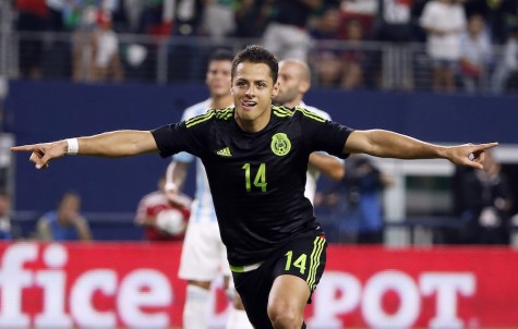 In this Sept. 8, 2015, file photo, Mexico's Javier Hernandez celebrates after scoring a penalty kick during a friendly soccer match against Argentina at the AT&T Stadium in Arlington, Texas. (AP Photo/Tony Gutierrez, File)