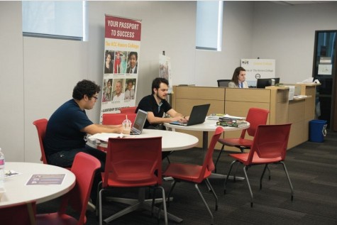 HCC Central Honors College students Josue Rodriguez (left) and Alexandre Soares da Silva (right) study in the honors lounge on the first floor of the San Jacinto building. Two new Honor Colleges, complete with student lounges, will open this fall at the Stafford and Spring Branch campuses. Students in the program have smaller, more invigorating classes; assistance with financial aid; leadership training; and travel opportunities.