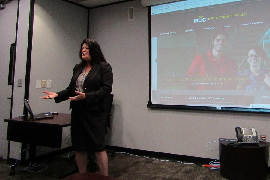 HCC Board of Trustees Chair Adriana Tamez speaks to student leaders at the United Student Council meeting March 11. 