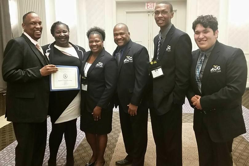 Houston Community College Central Student Government Association received third place in the song contest at the state convention. Here, student officers and their adviser pose with their certificate. 
