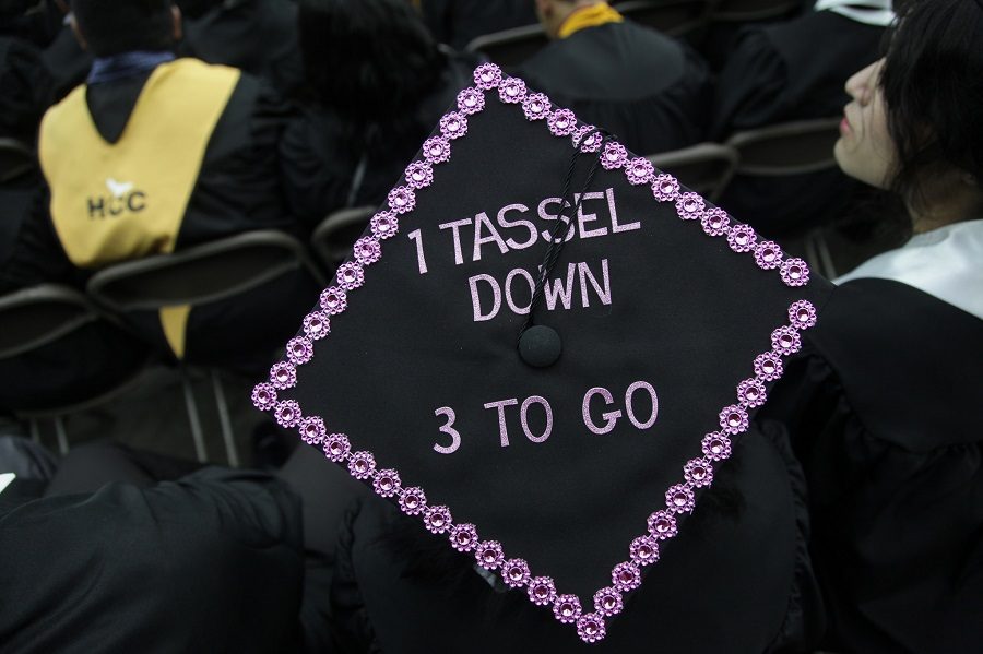 A students decorated graduation cap at Houston Community Colleges commencement ceremony May 14