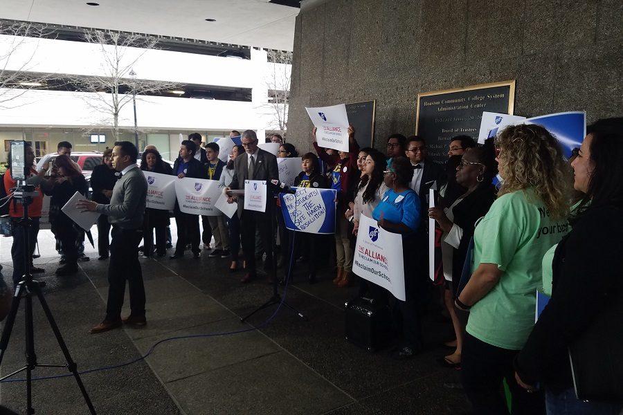Supporters of the resolution putting HCC on record as supporting the Texas Dream Act rallied outside the college administrative building before the vote on Thursday. Houston City Council Member Robert Gallegos spoke in favor of the resolution at the rally.