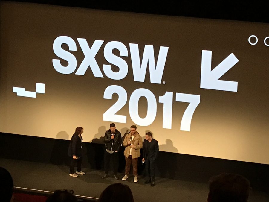(Featured from left to right:
Host, James Franco, Seth Rogen, Dave Franco) at SXSW 2017 ‘The Disaster Artist’ movie premiere.
