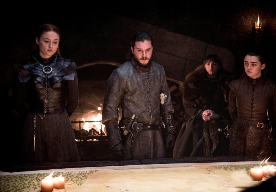 This image released by HBO shows from left, Sophie Turner, Kit Harington, Isaac Hempstead Wright, and Maisie Williams in a scene from Game of Thrones, that aired Sunday, April 21, 2019. With the Game of Thrones Jon Snow revealing his royal lineage to his potential rival Daenerys Targaryen, the beleaguered army at Winterfell is about to find out if two chief executives better than one. 