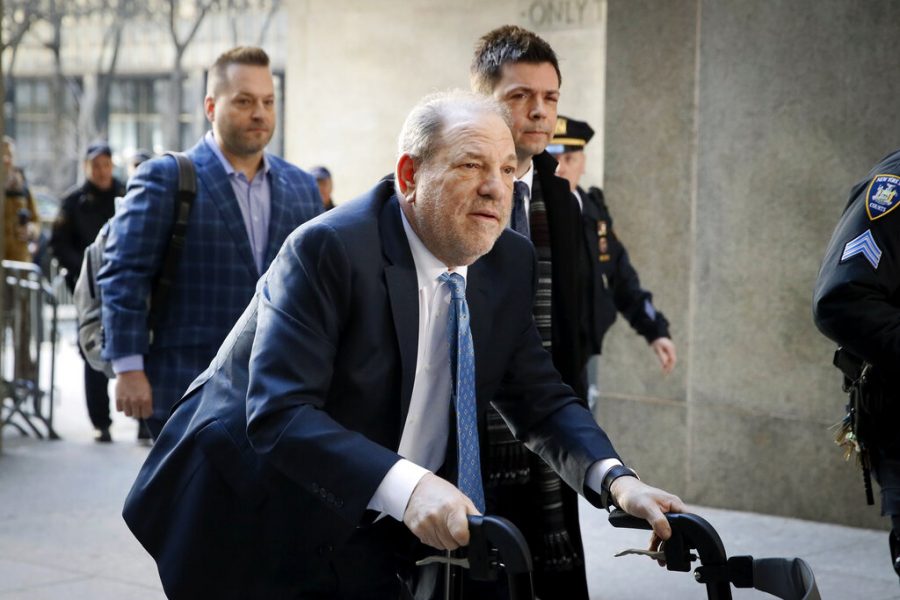 Harvey Weinstein arrives at a Manhattan courthouse as jury deliberations continue in his rape trial, Monday, Feb. 24, 2020, in New York.  