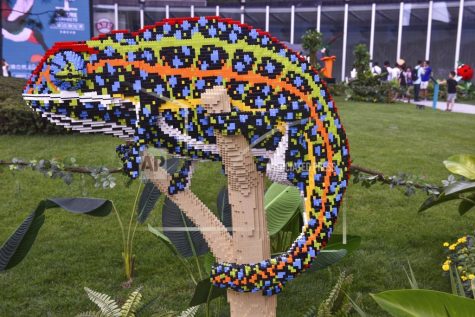 A Lego sculpture of lizard created by New York-based artist Sean Kenney is on display during the Nature Connects Lego exhibition at the Chengdu International Finance Square (IFS) in downtown Chengdu city, southwest Chinas Sichuan province, 24 June 2018. Nature Connects is an award-winning, record-breaking exhibition now touring North America, Asia, and Europe. Created with over one million LEGO pieces, this show features hundreds of sculptures built with LEGO bricks by New York artist Sean Kenney. Now the Nature Connects Lego exhibit is coming to China. 27 large-scale Lego sculptures will be installed at Chengdu International Finance Square from Jun.21 to Aug.31, 2019, as part of the China debut of touring exhibition.  (Imaginechina via AP Images)