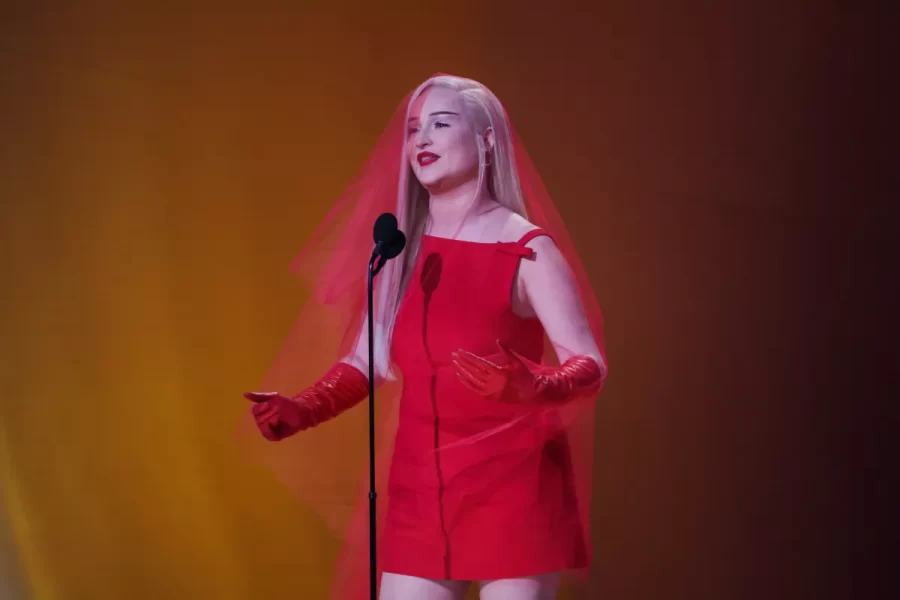 Kim Petras accepts the Grammy for best pop duo/group performance for “Unholy,” her collaboration with Sam Smith, at Sunday’s 2023 Grammy Awards. 