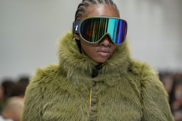 A model wears a creation as part of the mens K-Way Fall-Winter 2024-2025 collection, that was presented in Milan, Italy, Sunday, Jan. 14, 2024.