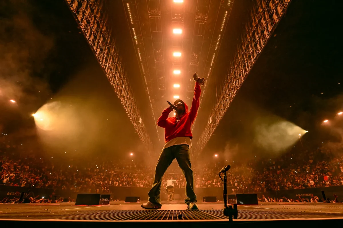 Kendrick Lamar performs during The Pop Out - Ken & Friends concert presented for pgLang, Free Lunch, and Amazon Music at the Kia Forum on June 19th, 2024 in Inglewood, California.