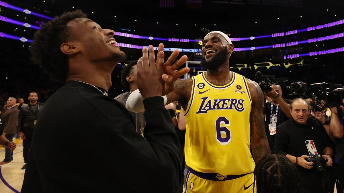 Bronny James & father LeBron James, #6 of the Los Angeles Lakers, in Los Angeles, California, last year. 
Photo Credit: Harry How/Getty Images

