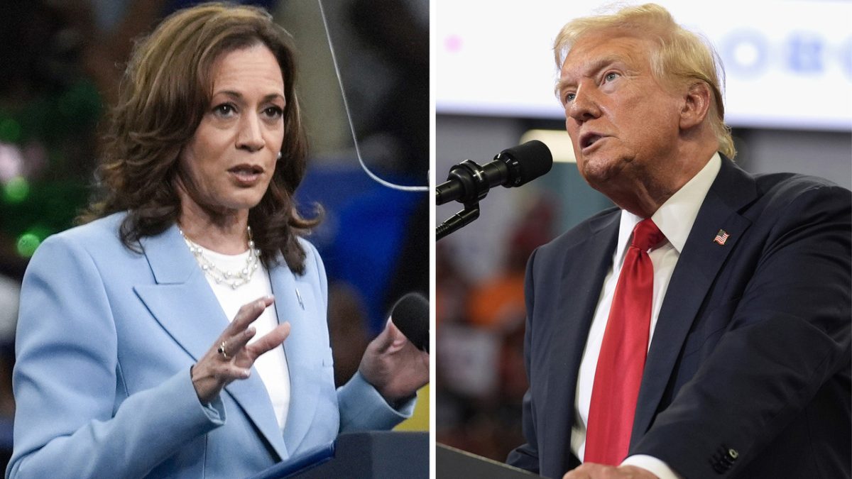 This combination of photos taken at campaign rallies in Atlanta shows Vice President Kamala Harris on July 30, 2024, left, and Republican presidential candidate former President Donald Trump on Aug. 3. (AP Photo)