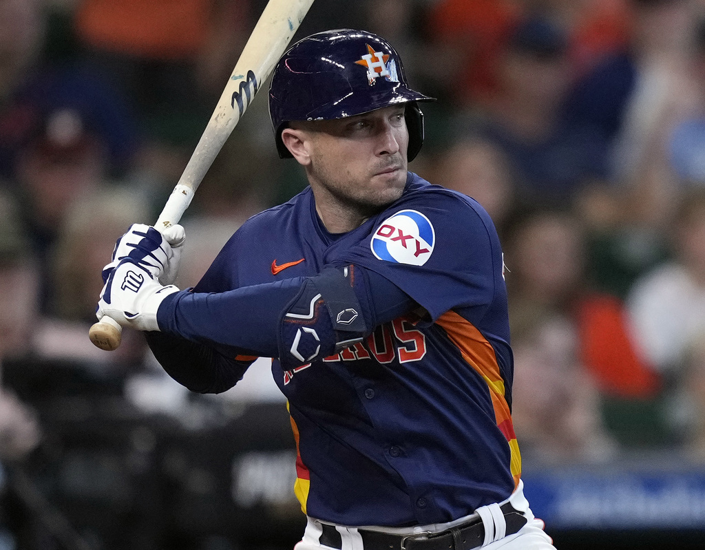 FILE - Houston Astros' Alex Bregman bats during the fifth inning of a baseball game against the Los Angeles Angels, Sept. 22, 2024, in Houston. (AP Photo/Kevin M. Cox, File)