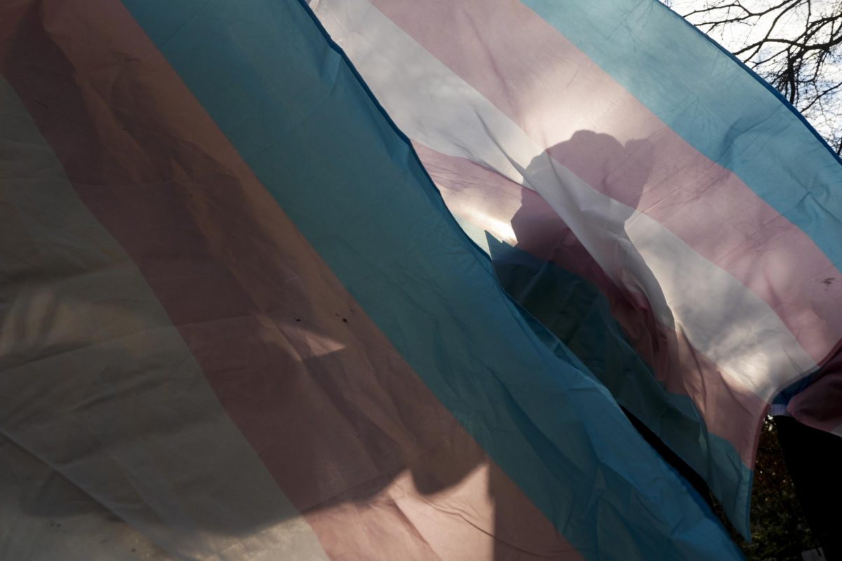 A protester is silhouetted against a trans pride flag during a pro-transgender rights protest outside of Seattle Children's Hospital, in Seattle, Feb. 9, 2025. (AP Photo/Lindsey Wasson, File)