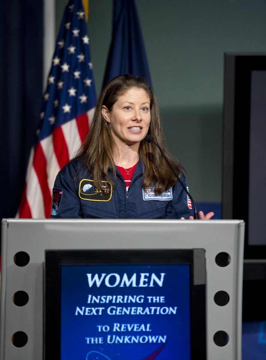 NASA Astronaut and Expeditions 23 and 24 Flight Engineer, Tracy Caldwell Dyson, speaks at a Women's History Month event at NASA Headquarters, Wednesday, March 16, 2011 in Washington. The event entitled Women Inspiring the Next Generation to Reveal the Unknown is a joint venture with NASA and the White House Council on Women and Girls. Caldwell Dyson recently returned from a six-month stay aboard the International Space Station. 

2011-03-14