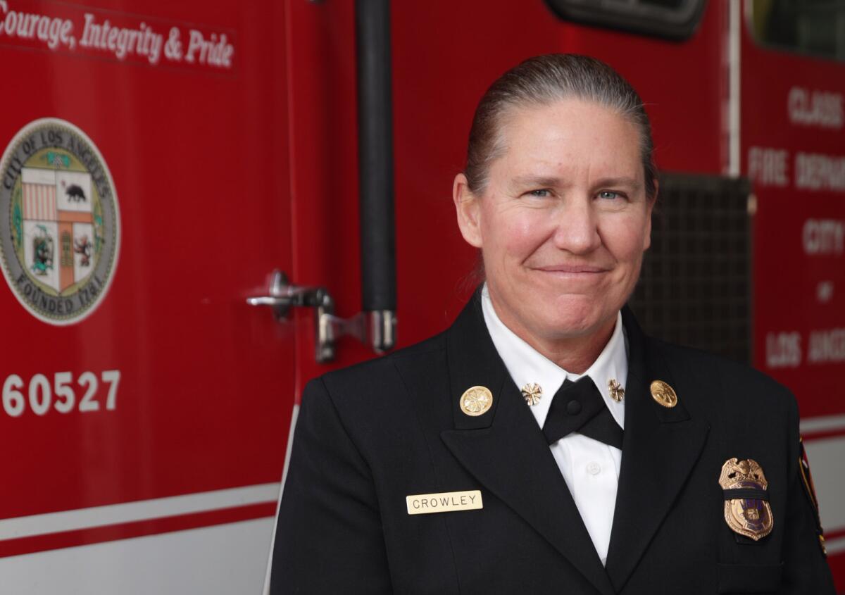 Former LAFD Chief Kristin Crowley smiling in picture taken after chosen as Fire Chief. (Irfan Khan/ Los Angeles Times)