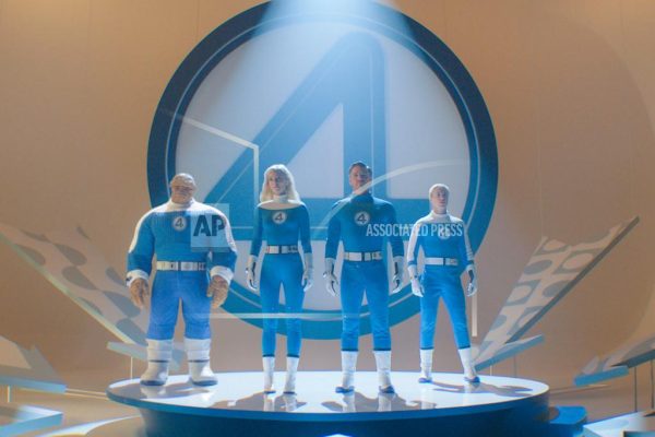 This image release by 20th Century Studios/Marvel Studios shows, from left, Ebon Moss-Bachrach as Ben Grimm/The Thing, Vanessa Kirby as Sue Storm/Invisible Woman, Pedro Pascal as Reed Richards/Mister Fantastic and Joseph Quinn as Johnny Storm/Human Torch, in a scene from "The Fantastic Four: First Steps." 