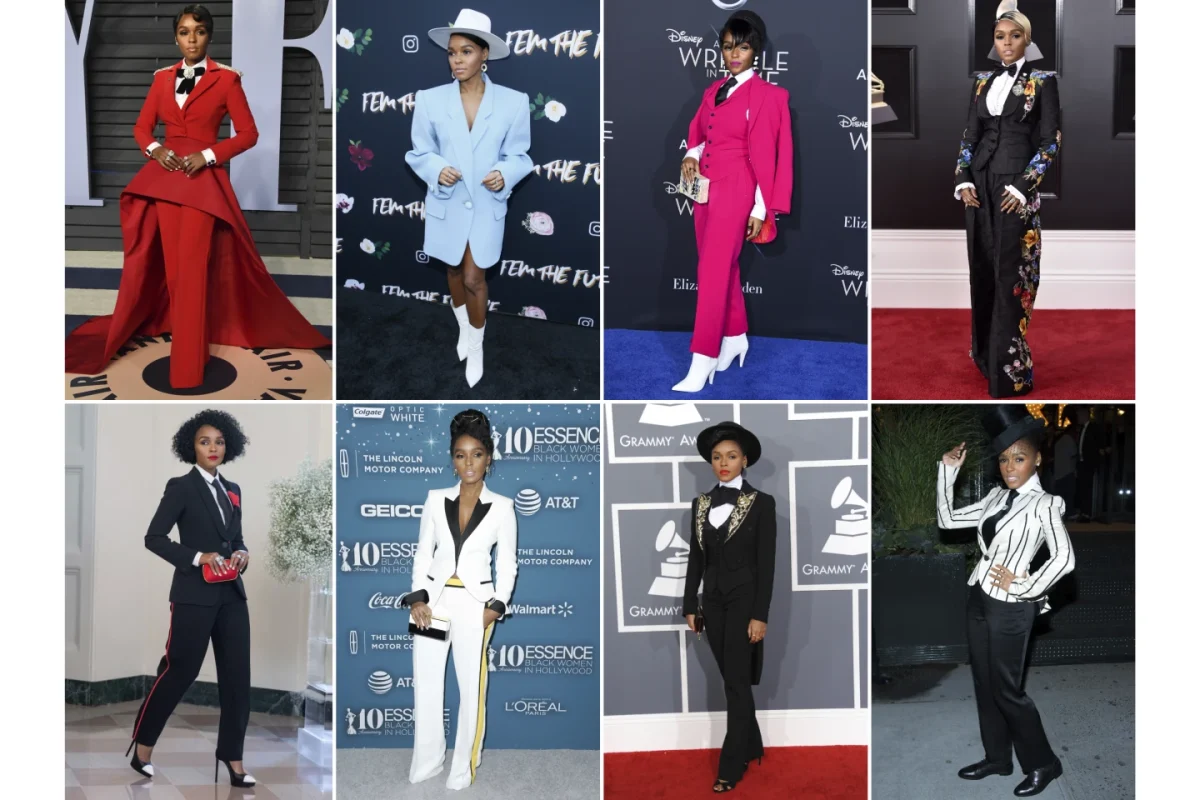 Combination of photos show various fashion work by actor-performer Janelle Monae