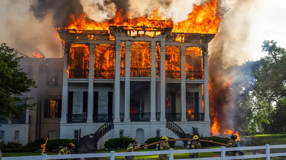 Fire crews move in a line around the now fully engulfed the Nottoway Plantation on Thursday, May 15, 2025, in White Castle, La.