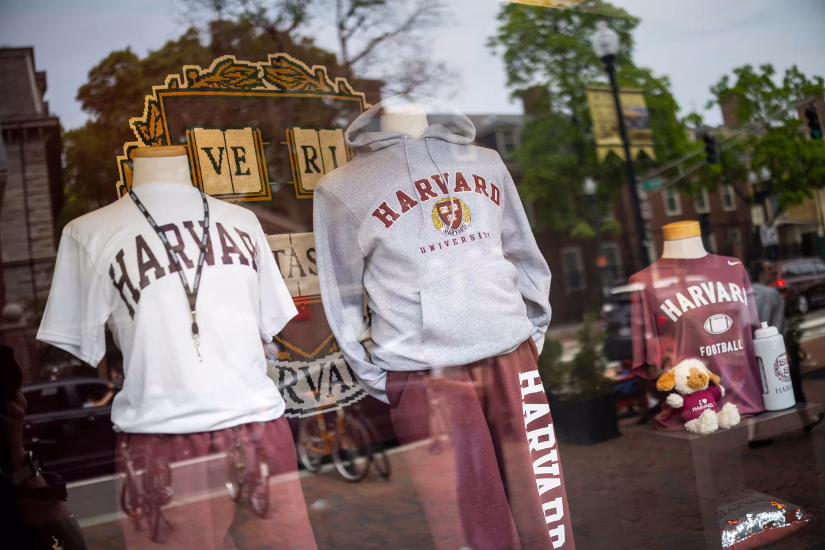 Harvard University merchandise for sale in Cambridge, Massachusetts, on 28 May. 