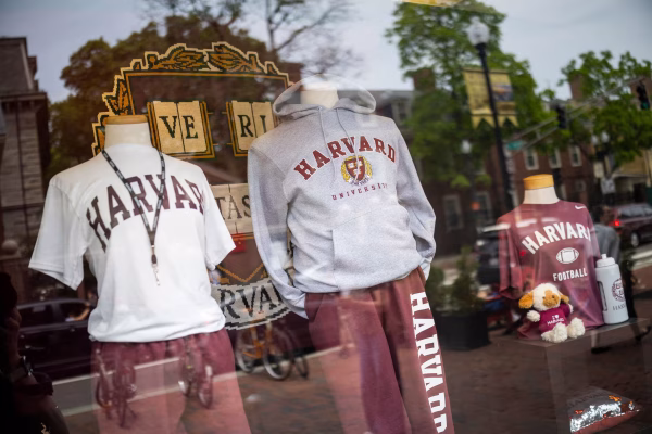 Harvard University merchandise for sale in Cambridge, Massachusetts, on 28 May. 