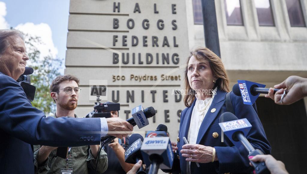 Louisiana Attorney General Liz Murrill talks with the media in front of the Hale Boggs Federal Building in New Orleans, May 19, 2025, after meeting with federal officials about the recent Orleans Parish Prison jail break. 