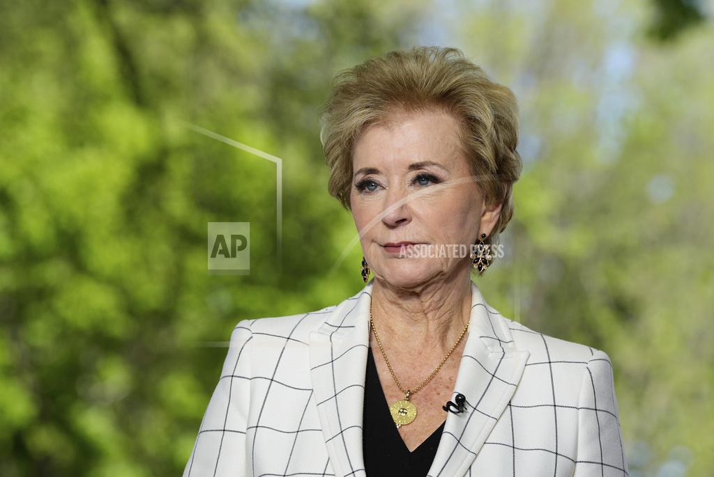 FILE - Education Secretary Linda McMahon does a television interview at the White House, April 16, 2025, in Washington.