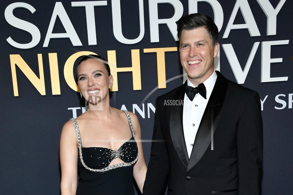 Scarlett Johansson, left, and Colin Jost attend "SNL50: The Anniversary Special" at Rockefeller Plaza on Sunday, Feb. 16, 2025, in New York. 