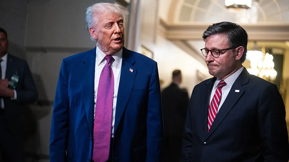 President Donald Trump and Speaker of the House Mike Johnson, R-La., talk with reporters after a House Republican Conference meeting on the budget reconciliation bill in the U.S. Capitol on Tuesday, May 20, 2025.