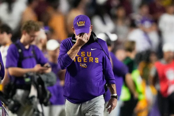 LSU head coach Brian Kelly walks on the sideline in the second half of an NCAA college football game against Texas A&M, Saturday, Oct. 25, 2025 in Baton Rouge, La. (AP Photo)