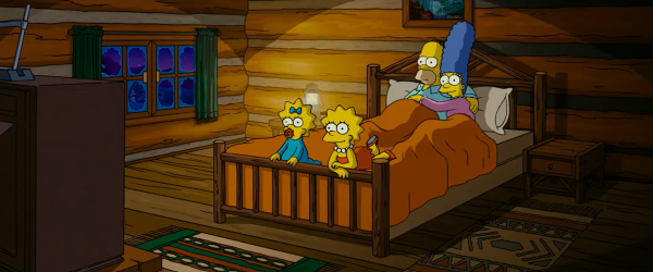 Scene from The Simpsons movie where the family, except Bart, watches television in a cabin.