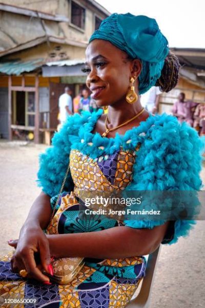ABEOKUTA, OGUN, NIGERIA - 2019/11/02: Portrait of an African woman with traditional dress and make up ready for a celebration. (Photo by Jorge Fernández/LightRocket via Getty Images)